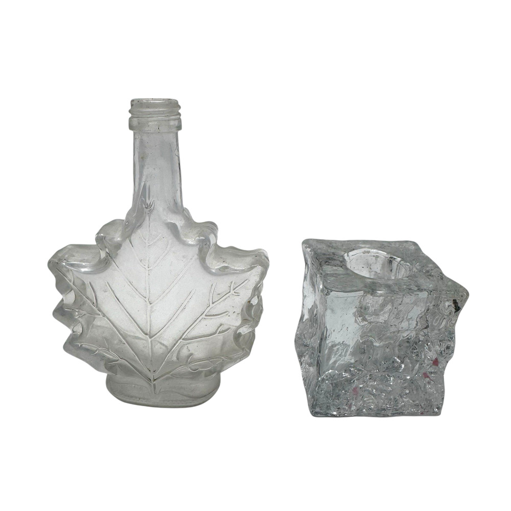 Lot of 2 Vintage Glass Decor Maple Leaf Bottle & Ice Cube Candle Holder 4.5”